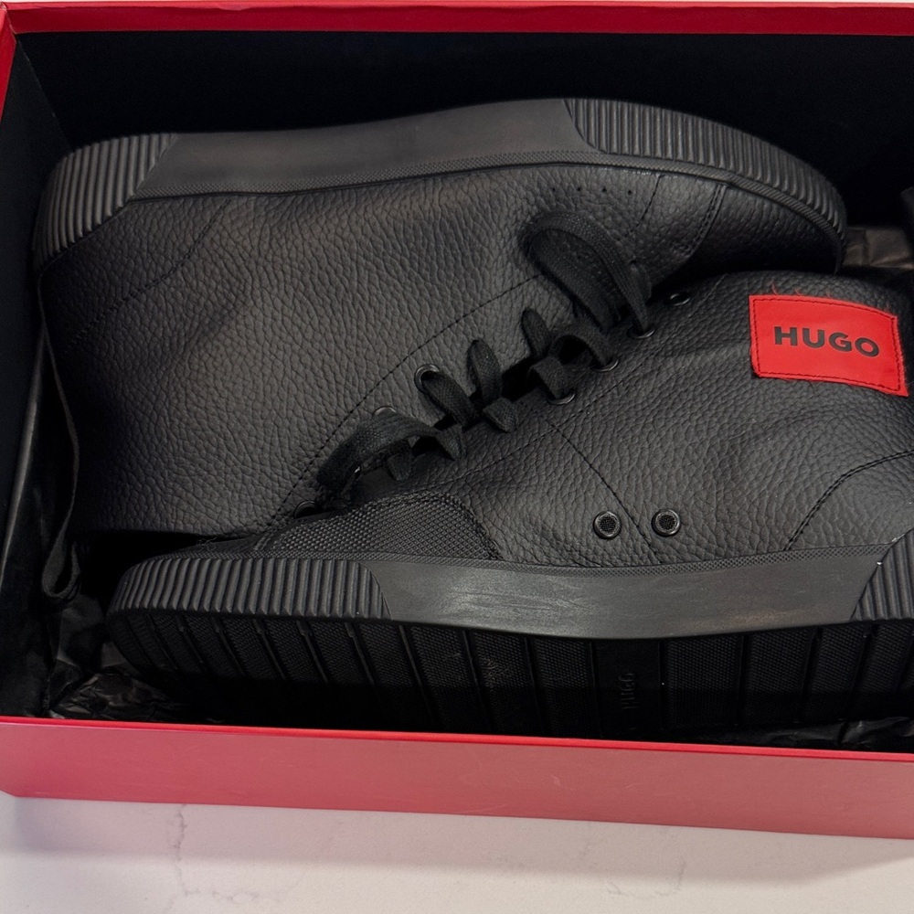 HUGO Black Textured Sneakers with Red Accent